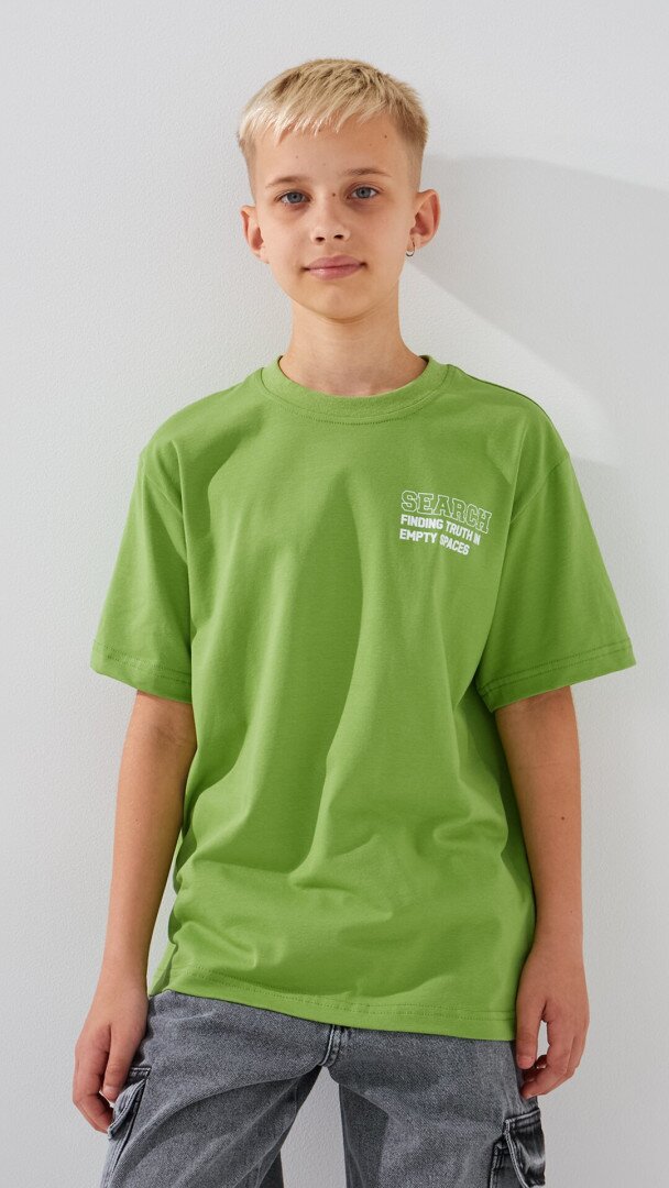 Футболка з принтом Reality для хлопчика LAWA P-BB02315 134 см Оливковий shop (2000999200007)