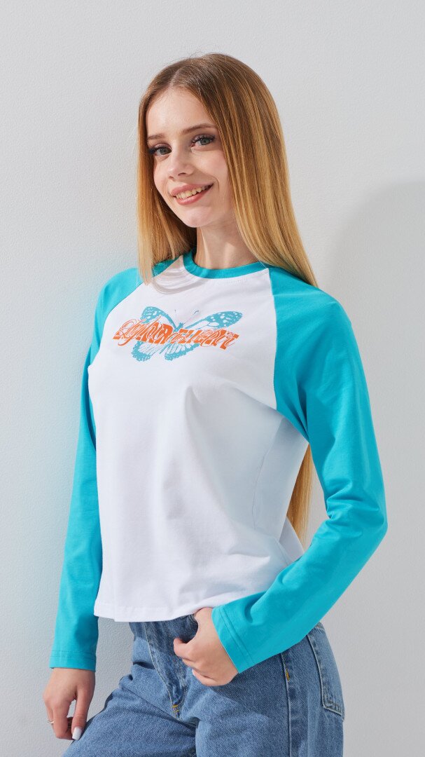 Лонгслів з принтом для дівчинки LAWA P-GB02336 134 см Біло-бірюзовий shop (2888000019370)  Фото №1